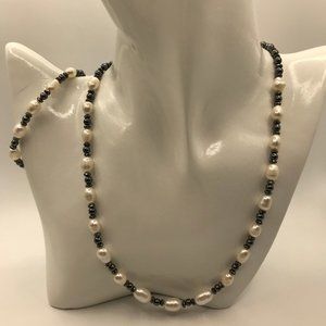 Freshwater Pearl SET Hematite 18 inch Necklace + Bracelet NEW